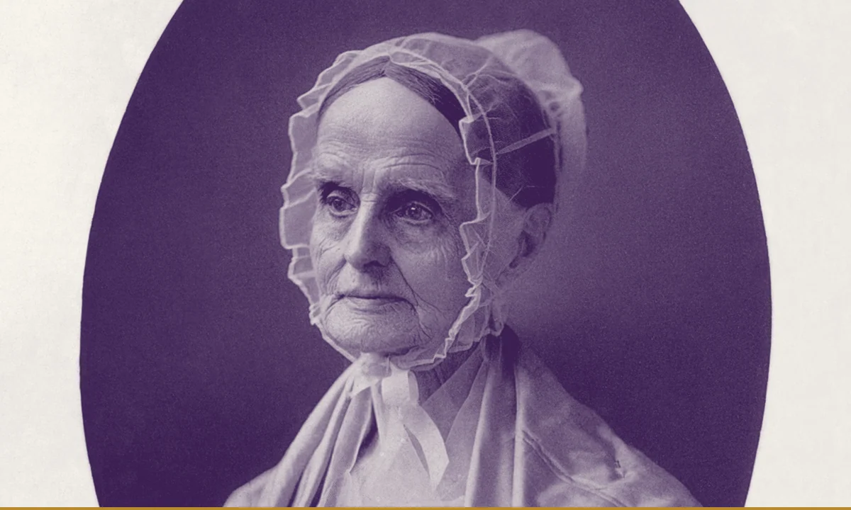 A portrait of Lucretia Mott in Quaker dress and bonnet.