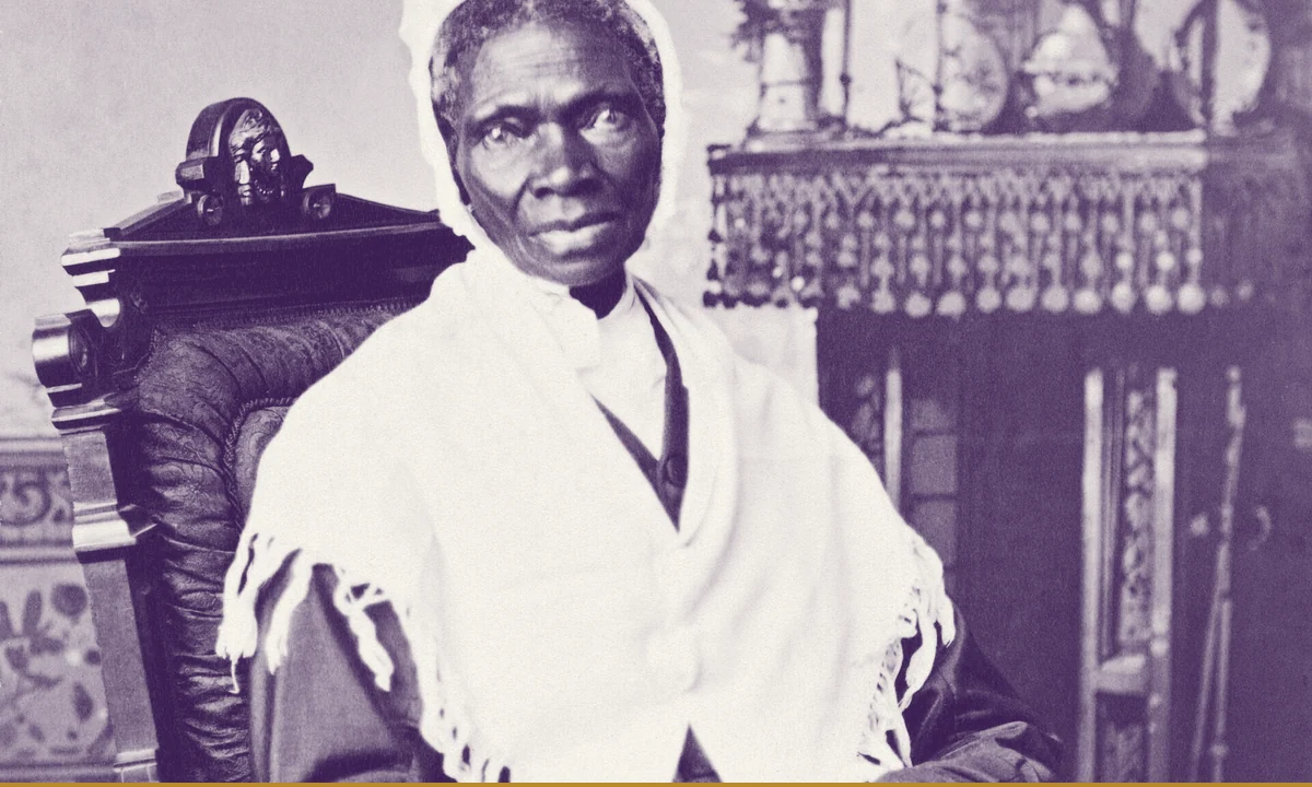 A portrait of Sojourner Truth seated, wearing a shawl and cap.