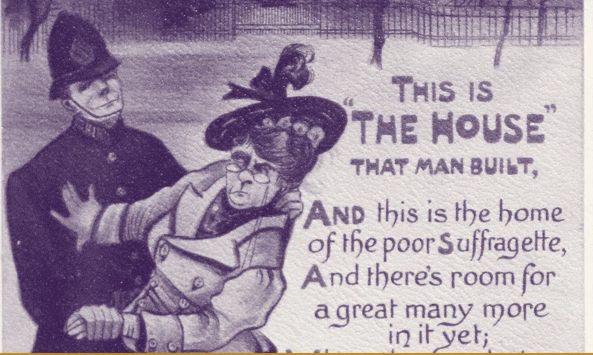 A printed postcard caricaturing suffrage campaigners.