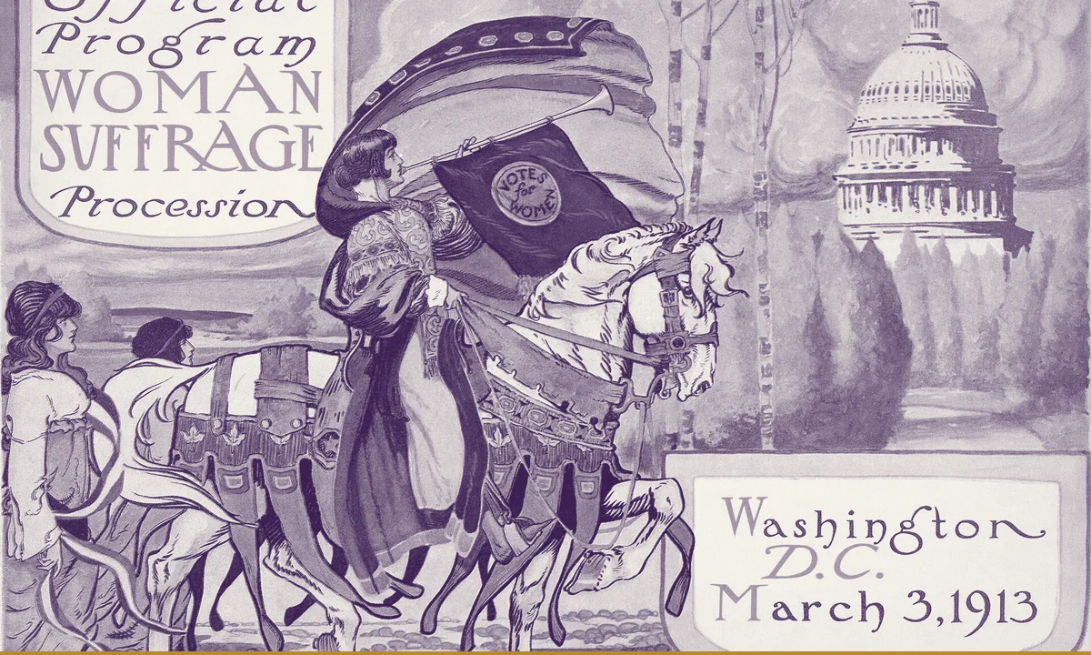 The cover of a printed program showing a woman on horseback blowing a herald trumpet.