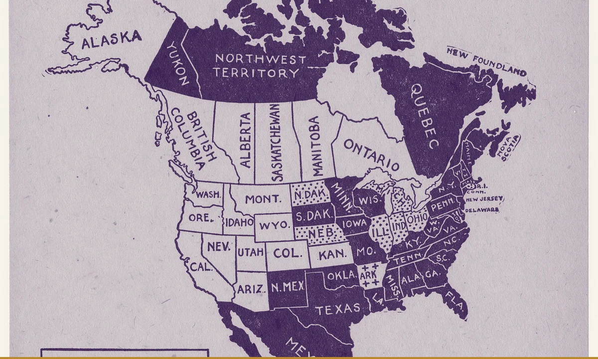 A printed poster with a map of the United States marking suffrage states.